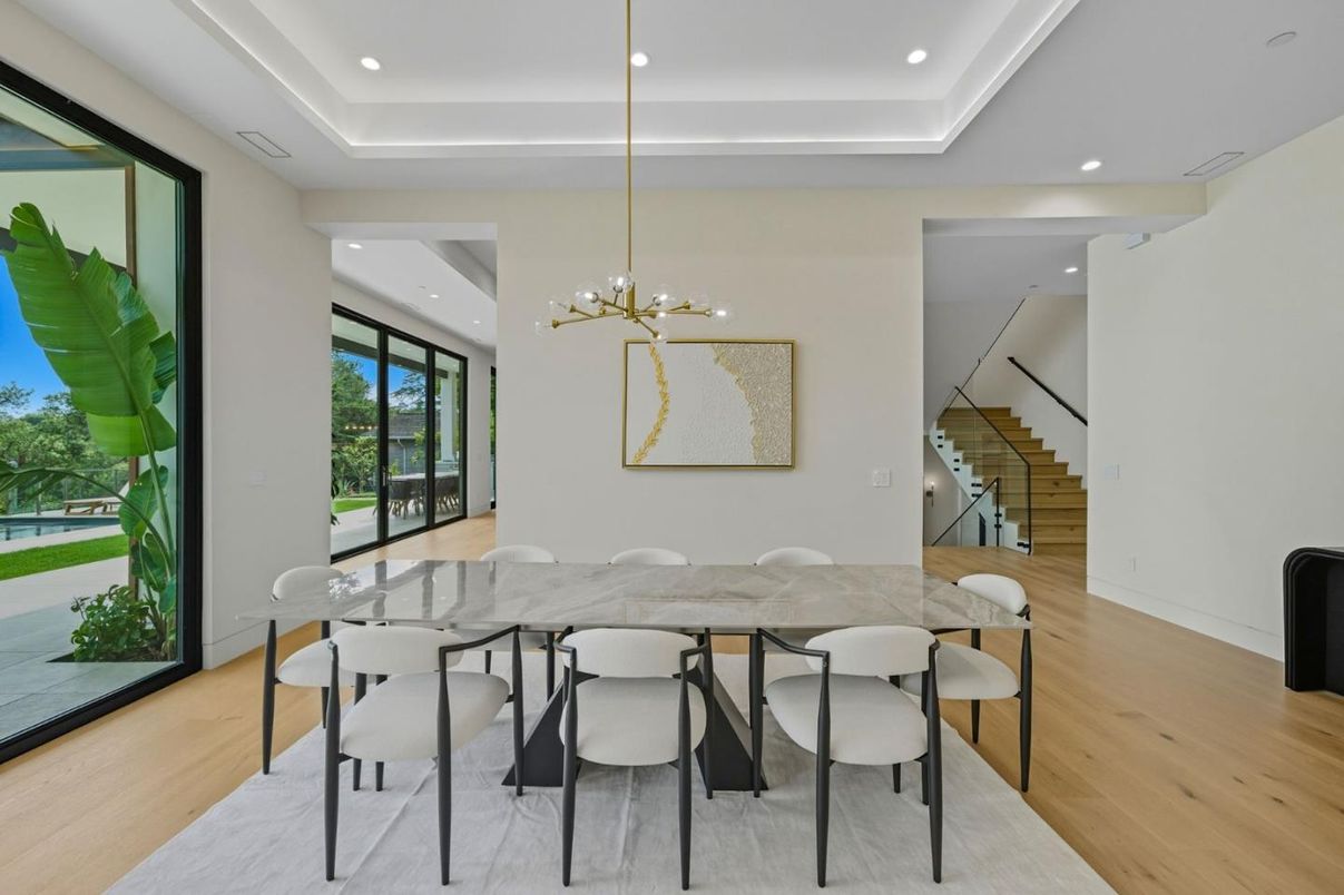 Dining room, Interior, Pendant Lights, Recessed Lighting, Wood Texture Flooring