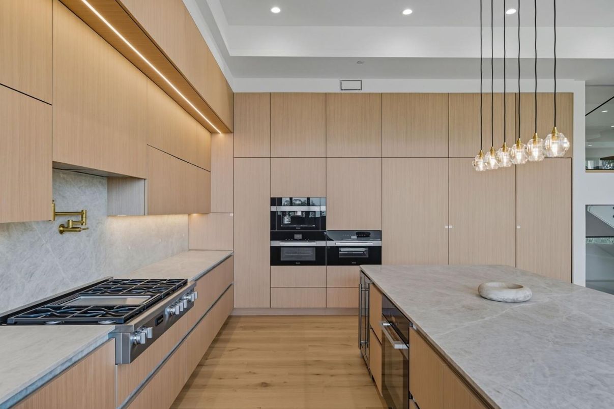 Interior, Kitchen, Pendant Lights, Recessed Lighting, Stainless Steel Appliances, Wood Texture Flooring