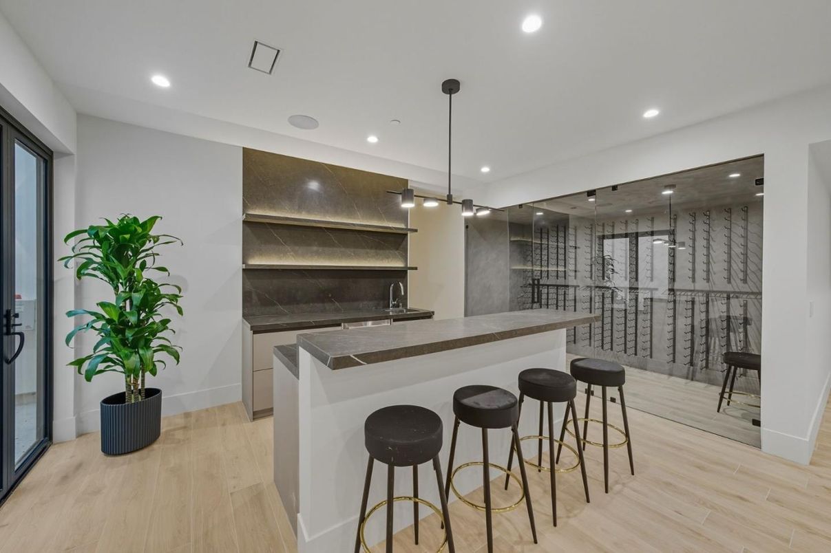 Interior, Kitchen, Pendant Lights, Recessed Lighting, Wine Storage, Wood Texture Flooring