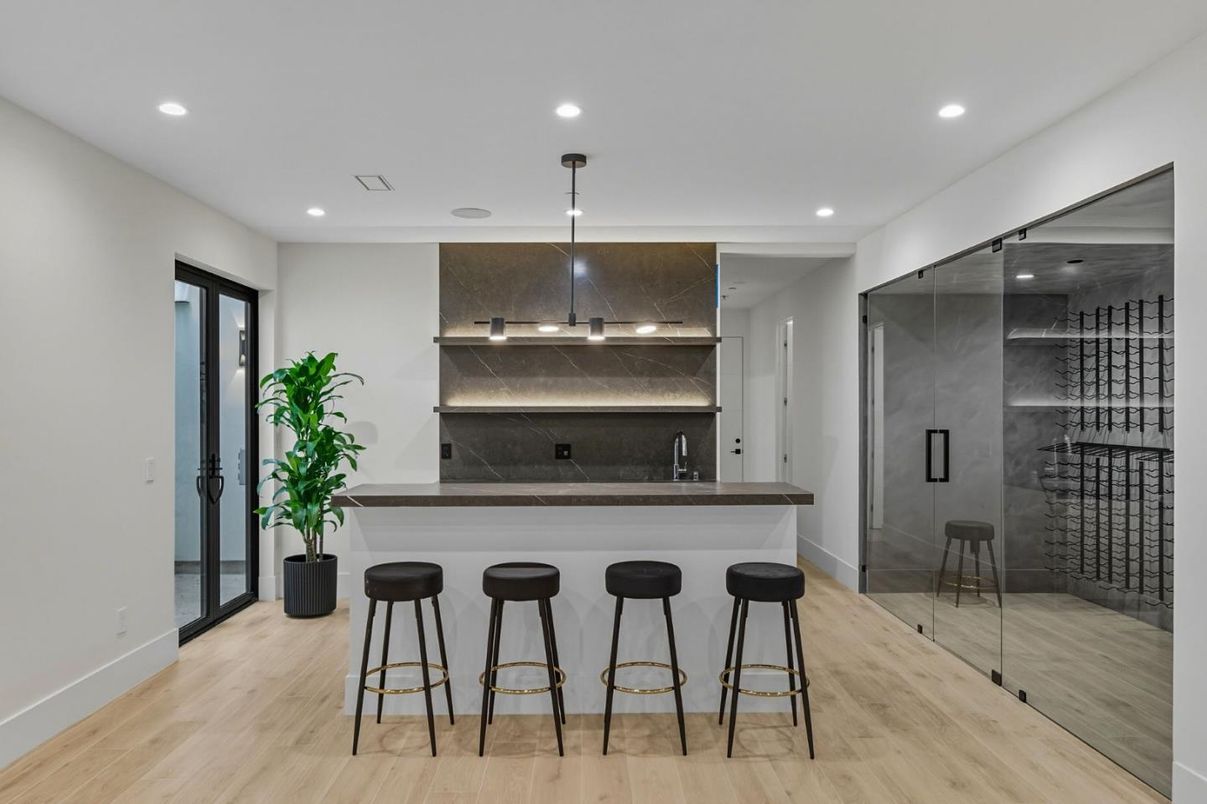 Interior, Marble Walls, Pendant Lights, Recessed Lighting, Wine Storage, Wood Texture Flooring