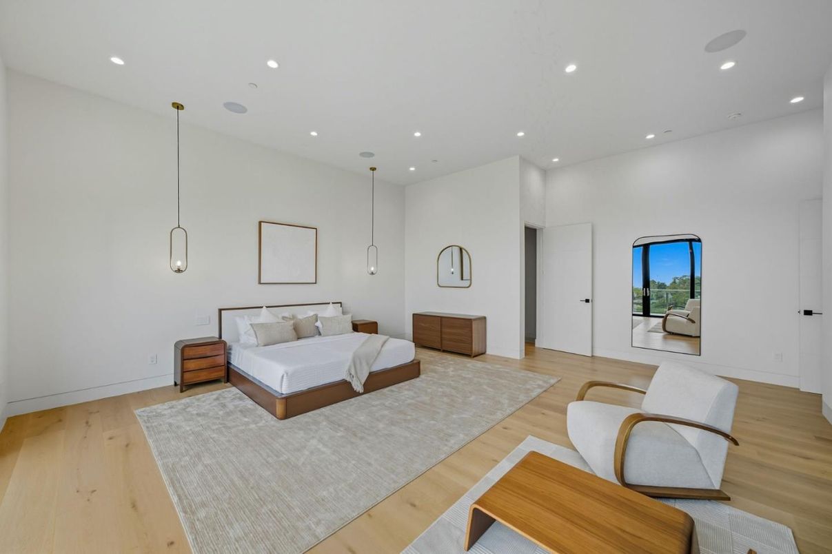 Bedroom, Interior, Pendant Lights, Recessed Lighting, Wood Texture Flooring