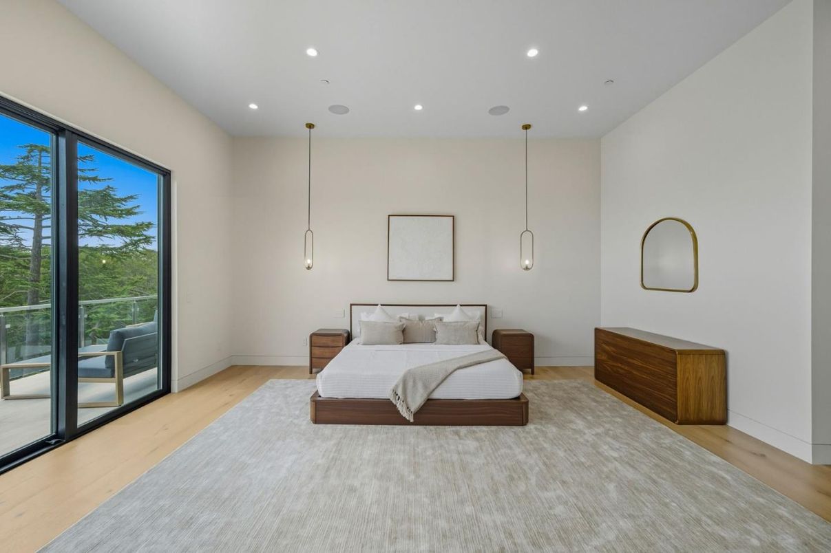 Bedroom, Interior, Pendant Lights, Recessed Lighting, Wood Texture Flooring