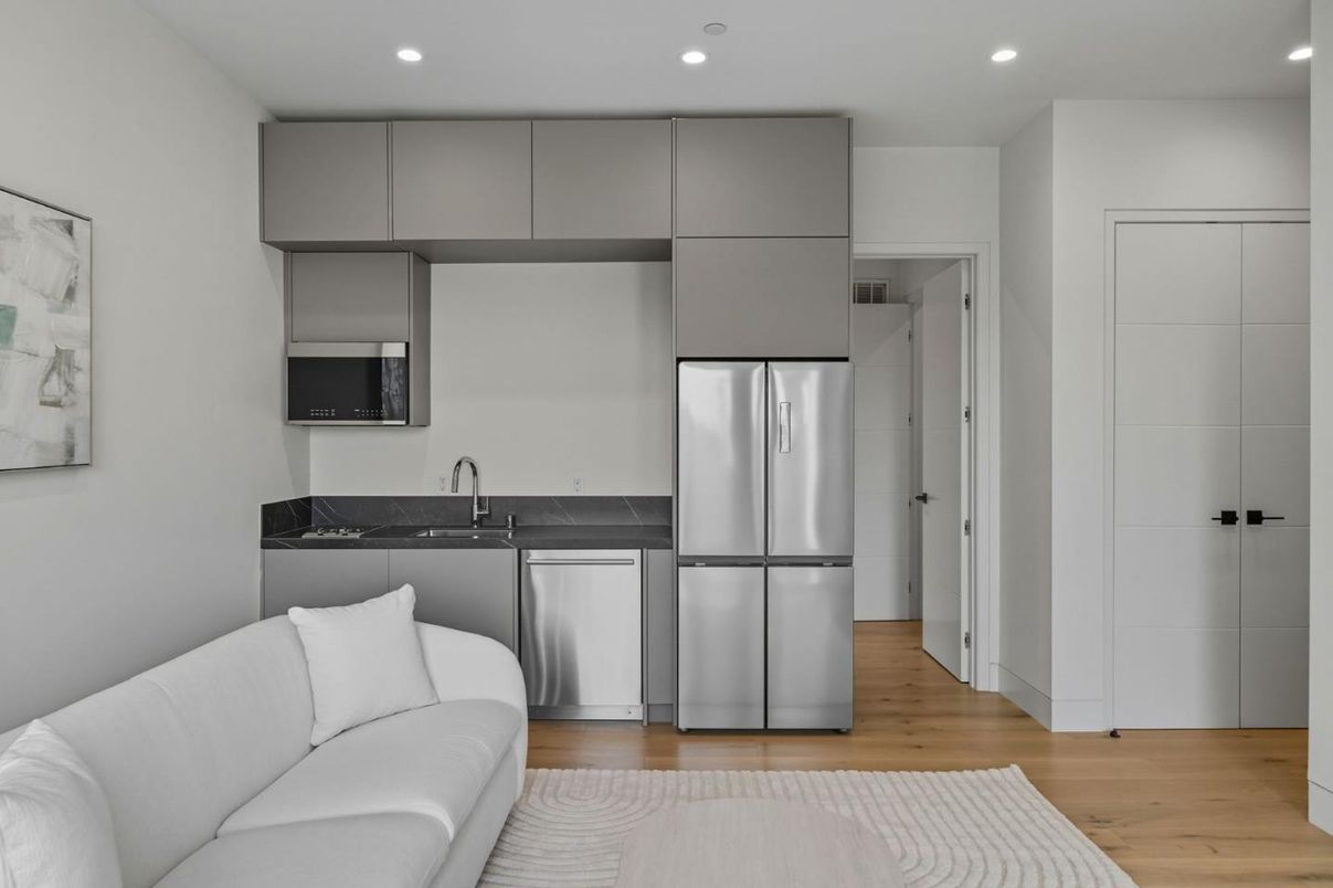 Interior, Kitchen, Recessed Lighting, Stainless Steel Appliances, Wood Texture Flooring
