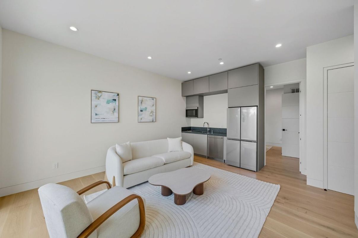 Interior, Kitchen, Living room, Recessed Lighting, Stainless Steel Appliances, Wood Texture Flooring