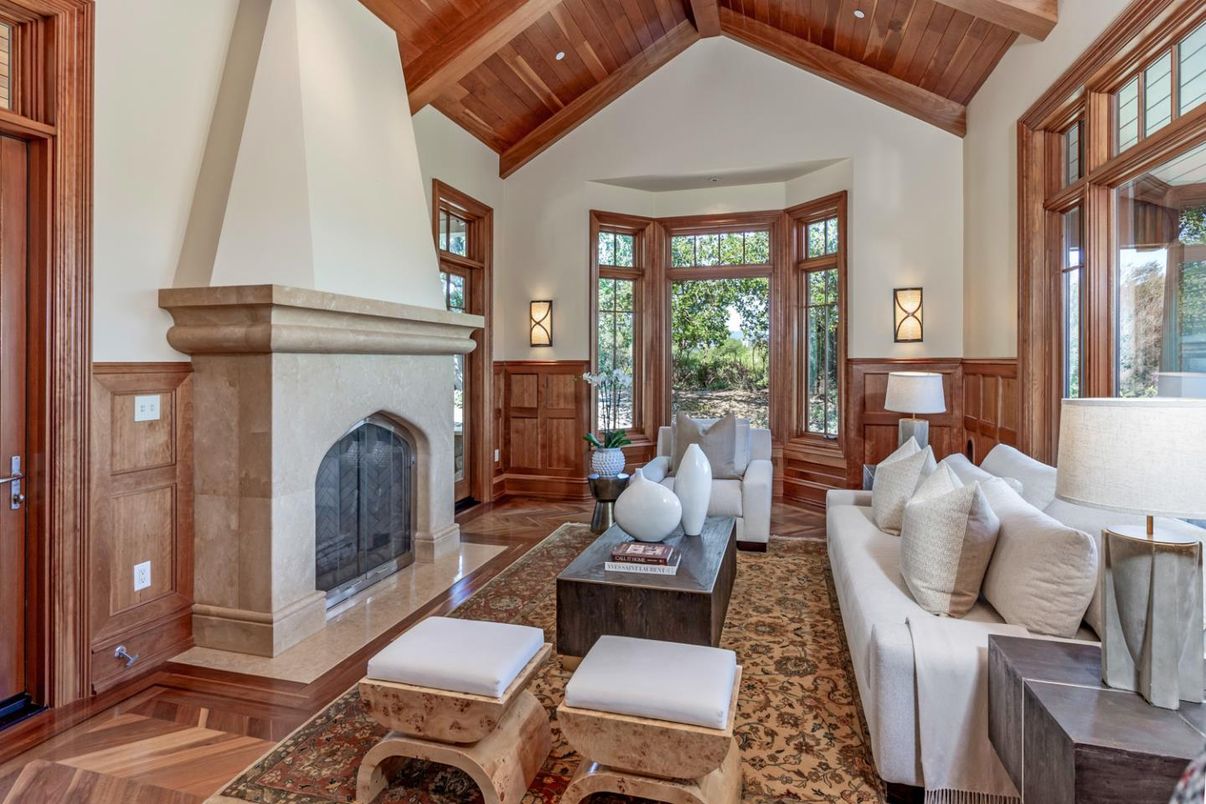 Fireplace, Interior, Living room, Recessed Lighting, Wooden Beams, Wooden Ceilings, Wood Texture Flooring