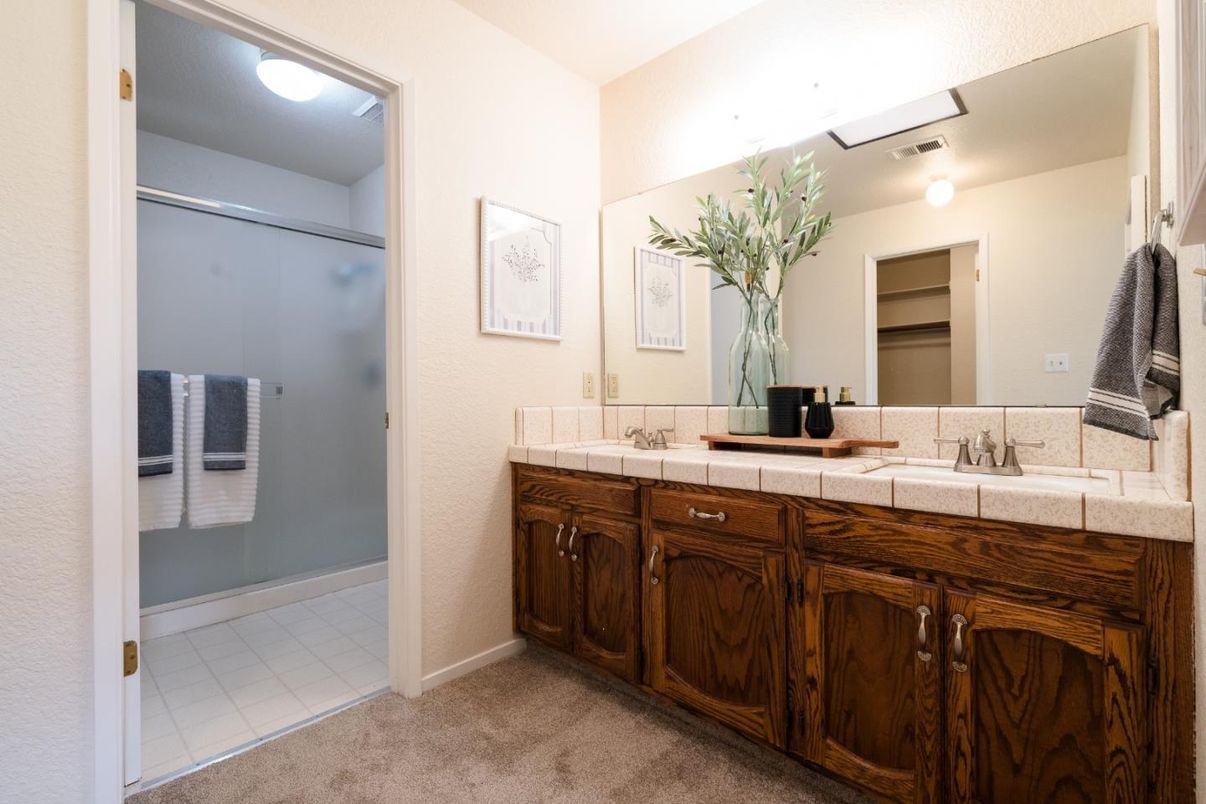 Bathroom, Dual Sink Vanities, Glass Shower, Interior, Tile Countertops