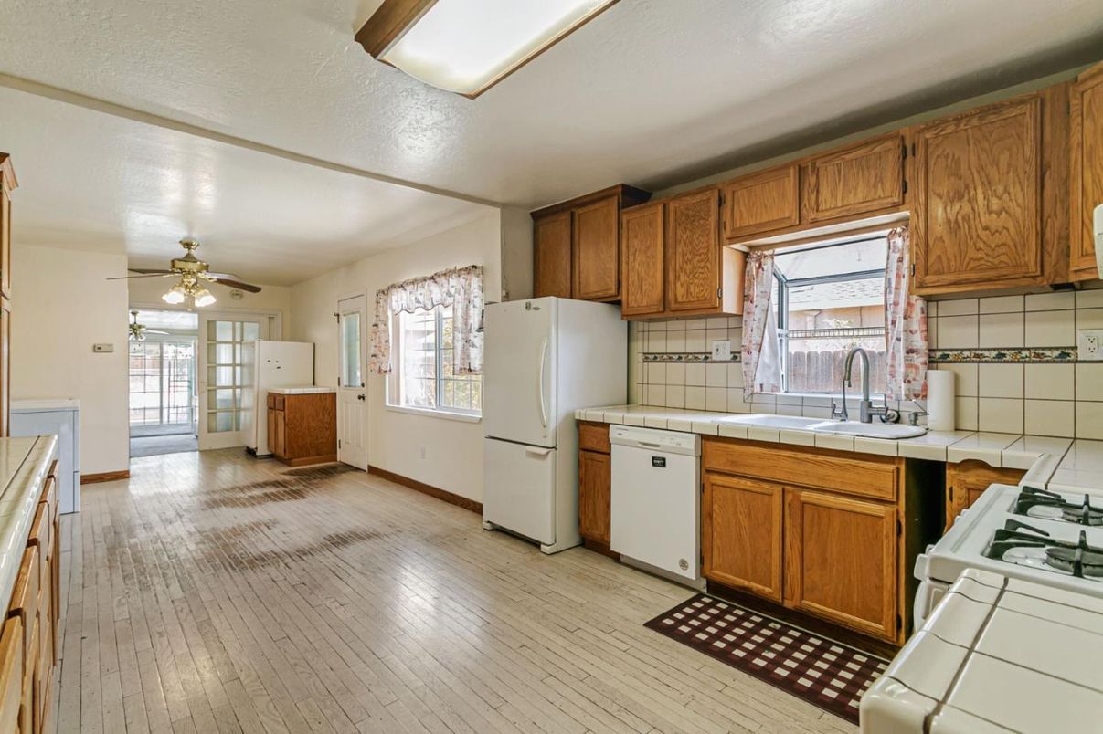Interior, Kitchen, Tile Countertops, Wood Texture Flooring