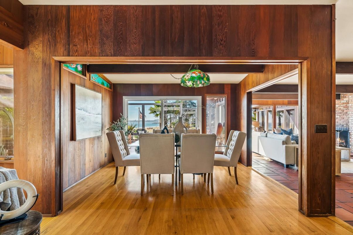 Dining room, Interior, Pendant Lights, Water, Wood Texture Flooring, Wooden Walls
