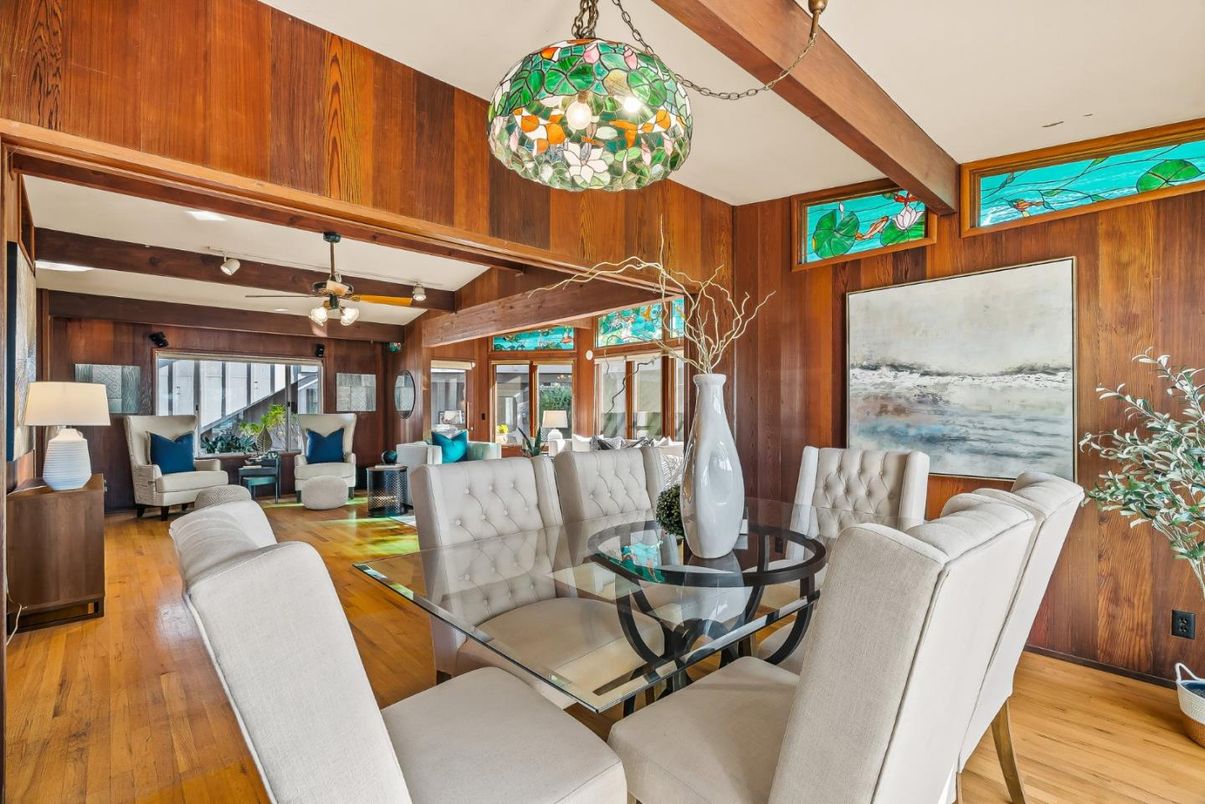 Dining room, Interior, Living room, Pendant Lights, Wooden Beams, Wood Texture Flooring, Wooden Walls