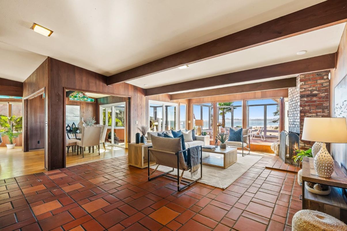 Dining room, Fireplace, Interior, Living room, Recessed Lighting, Stone Walls, Water, Wooden Beams, Wooden Walls