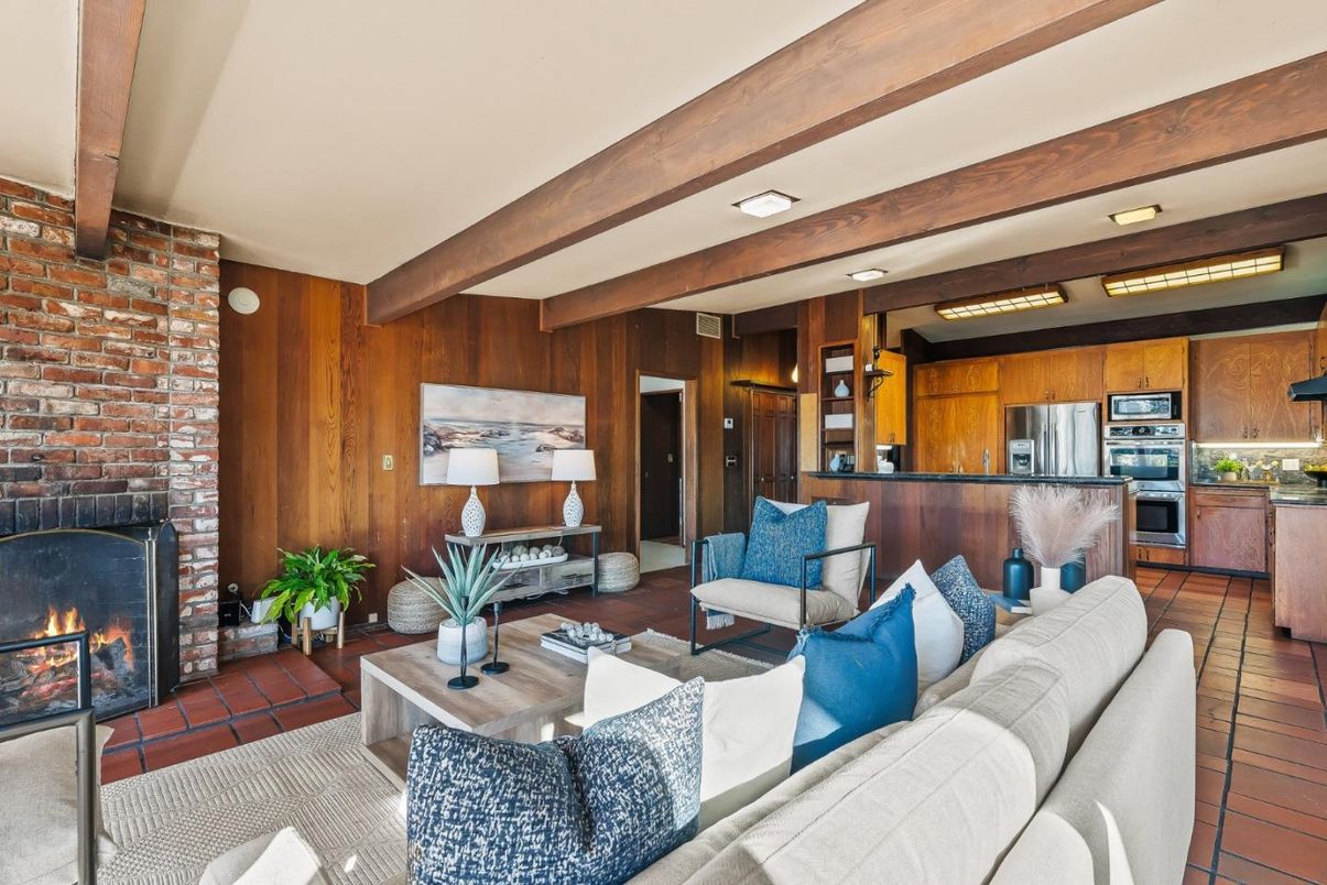 Fireplace, Interior, Kitchen, Living room, Recessed Lighting, Stainless Steel Appliances, Stone Walls, Wooden Beams, Wooden Walls