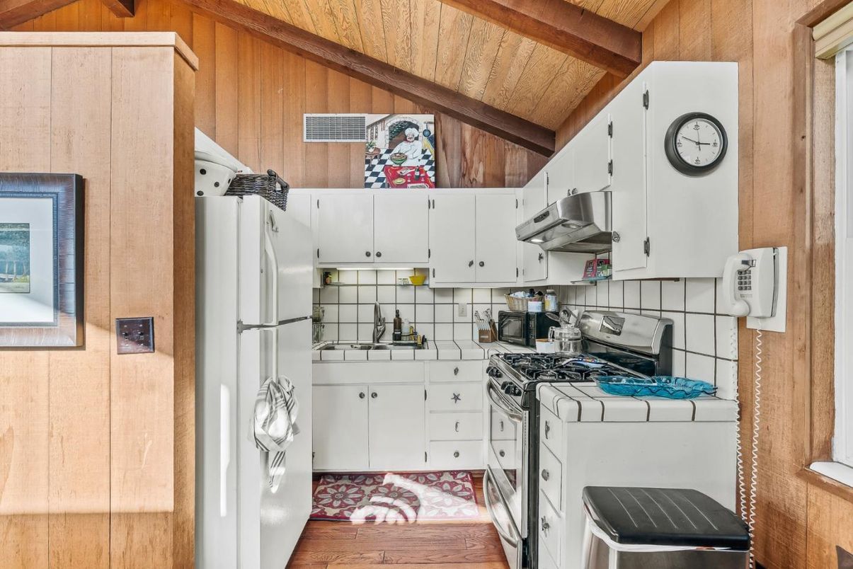 Interior, Kitchen, Tile Countertops, Wooden Beams, Wooden Ceilings, Wood Texture Flooring