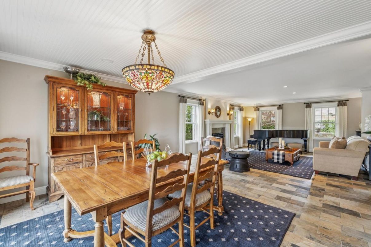 Dining room, Fireplace, Interior, Living room, Pendant Lights, Recessed Lighting, Wood Texture Flooring