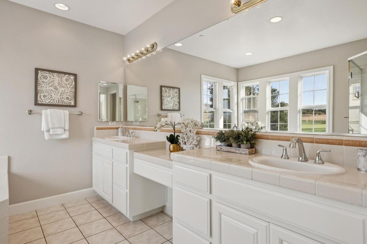 Bathroom, Dual Sink Vanities, Interior, Recessed Lighting, Tile Countertops