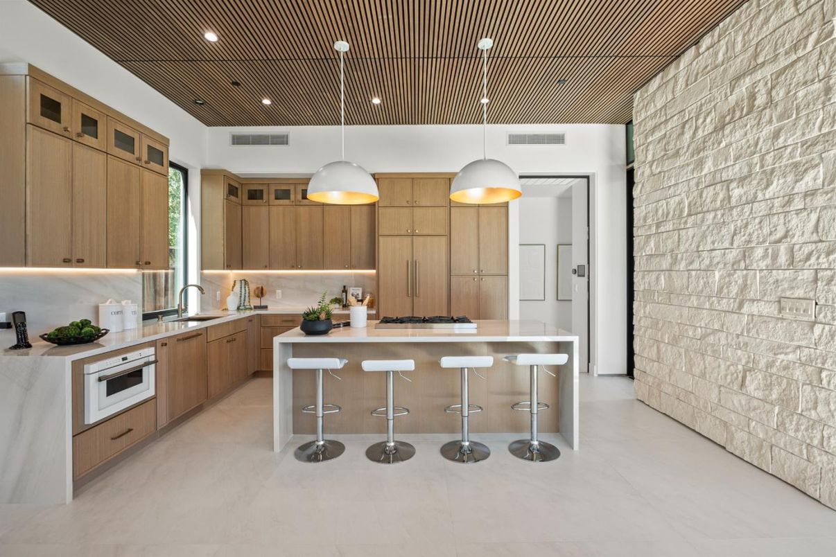 Interior, Kitchen, Pendant Lights, Recessed Lighting, Stone Walls