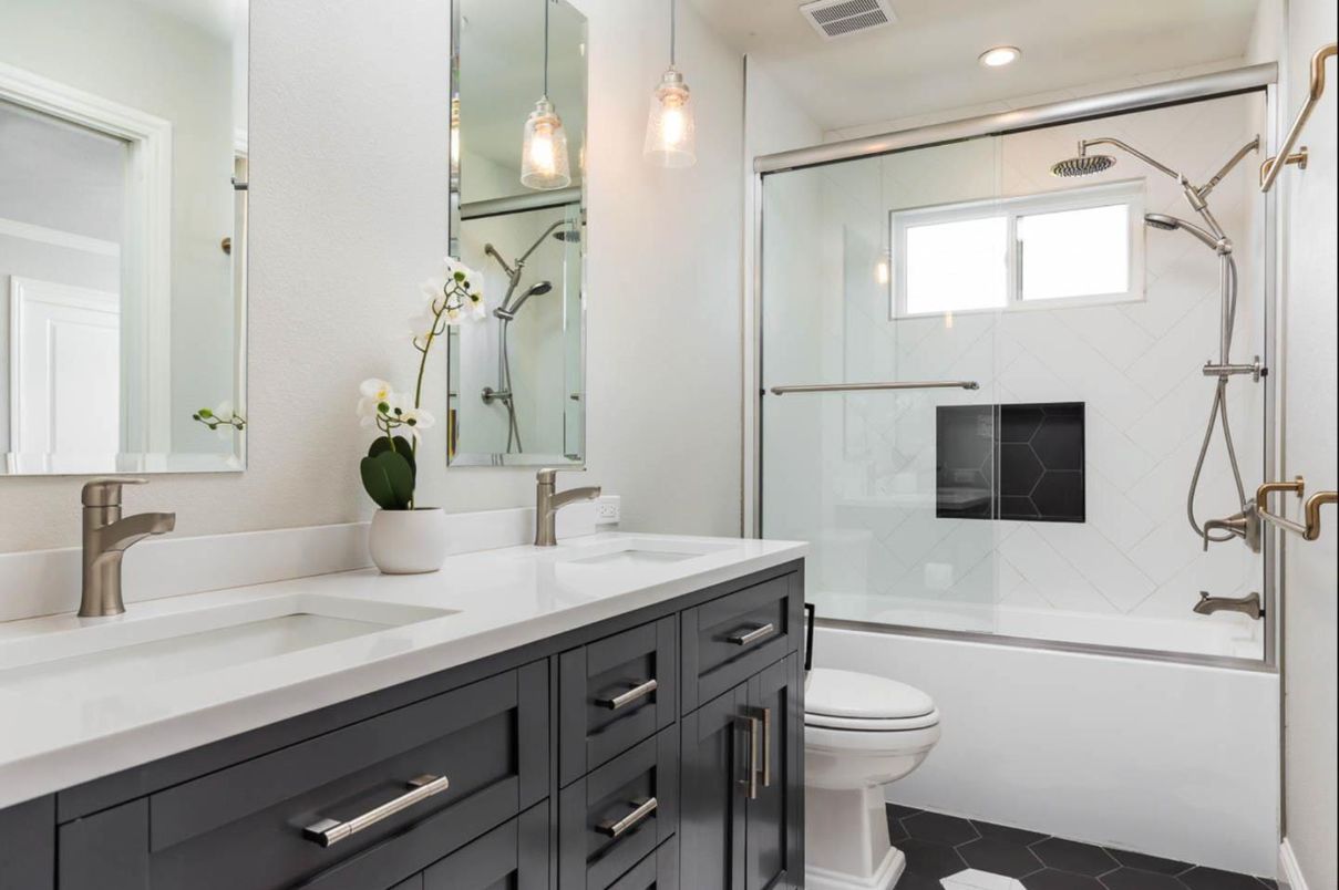 Bathroom, Dual Sink Vanities, Glass Shower, Interior, Pendant Lights, Recessed Lighting