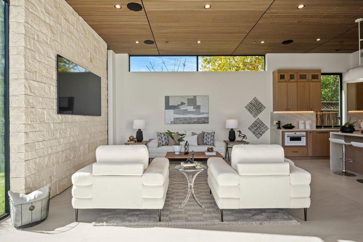 Interior, Living room, Recessed Lighting, Stone Walls, Wooden Ceilings