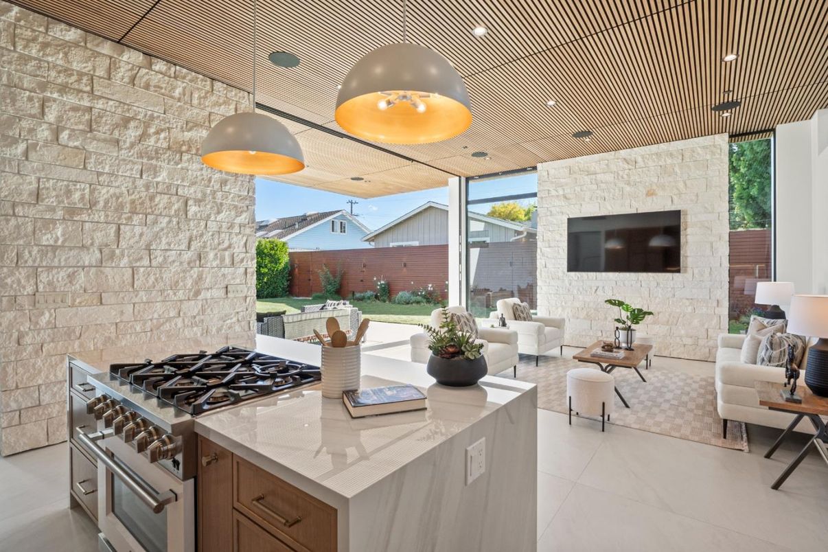 Interior, Kitchen, Living room, Pendant Lights, Recessed Lighting, Stainless Steel Appliances, Stone Walls