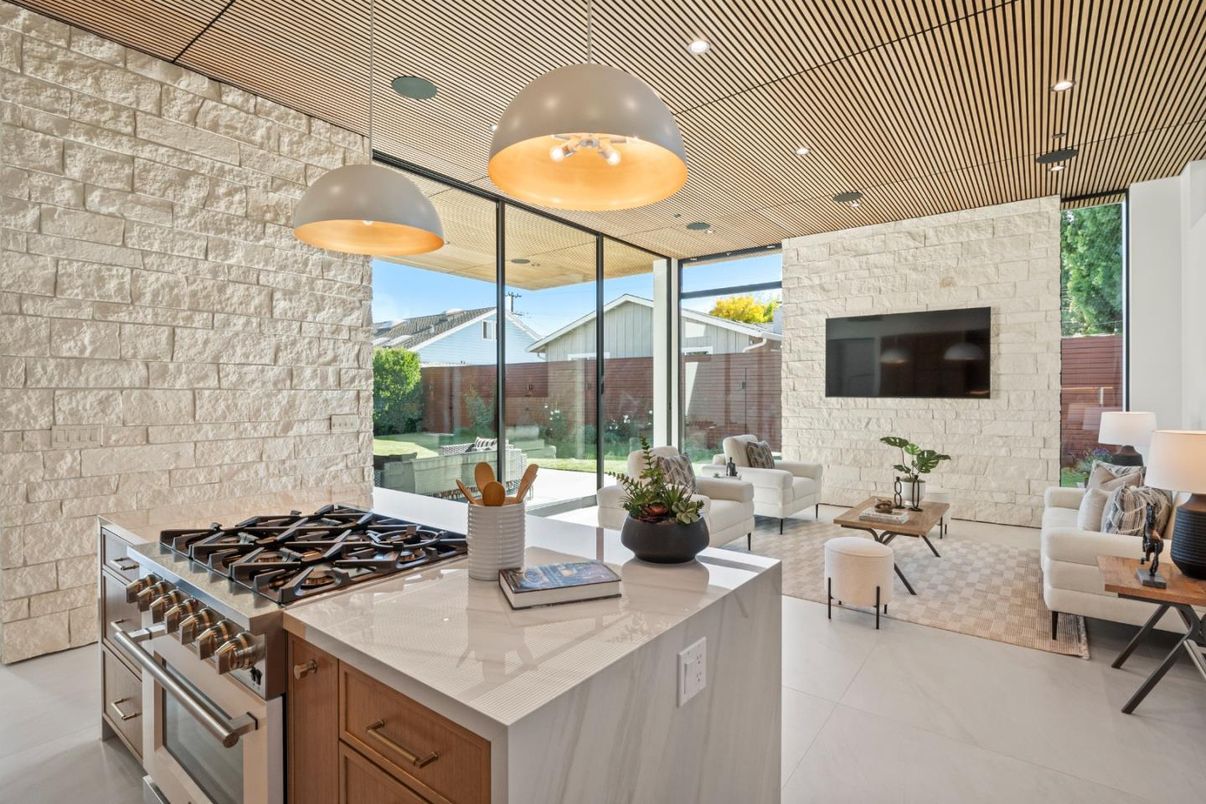 Interior, Kitchen, Living room, Pendant Lights, Recessed Lighting, Stainless Steel Appliances, Stone Walls