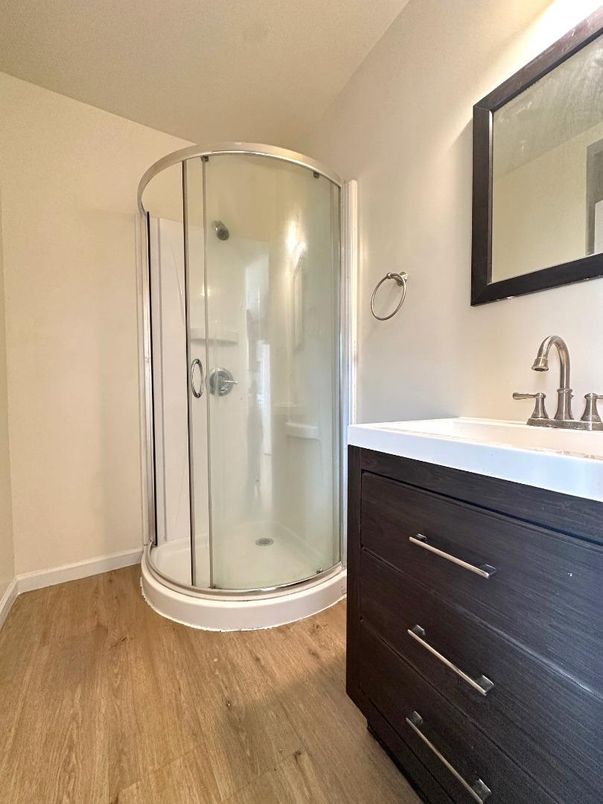 Bathroom, Glass Shower, Interior, Wood Texture Flooring