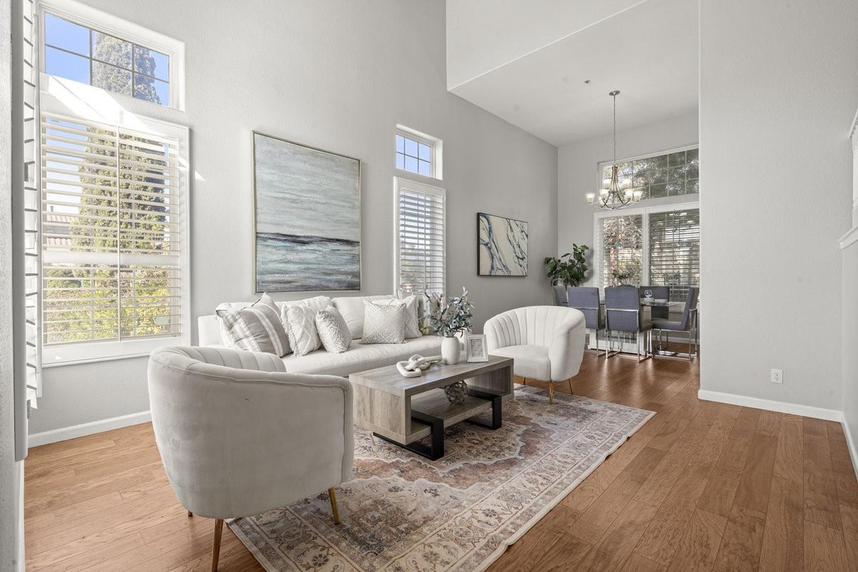Dining room, Interior, Living room, Pendant Lights, Wood Texture Flooring