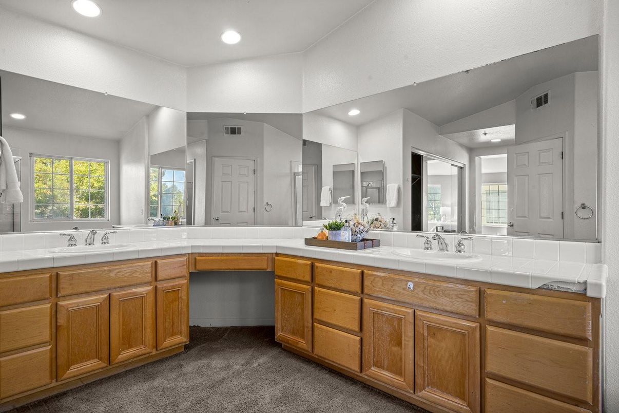 Bathroom, Dual Sink Vanities, Interior, Recessed Lighting, Tile Countertops