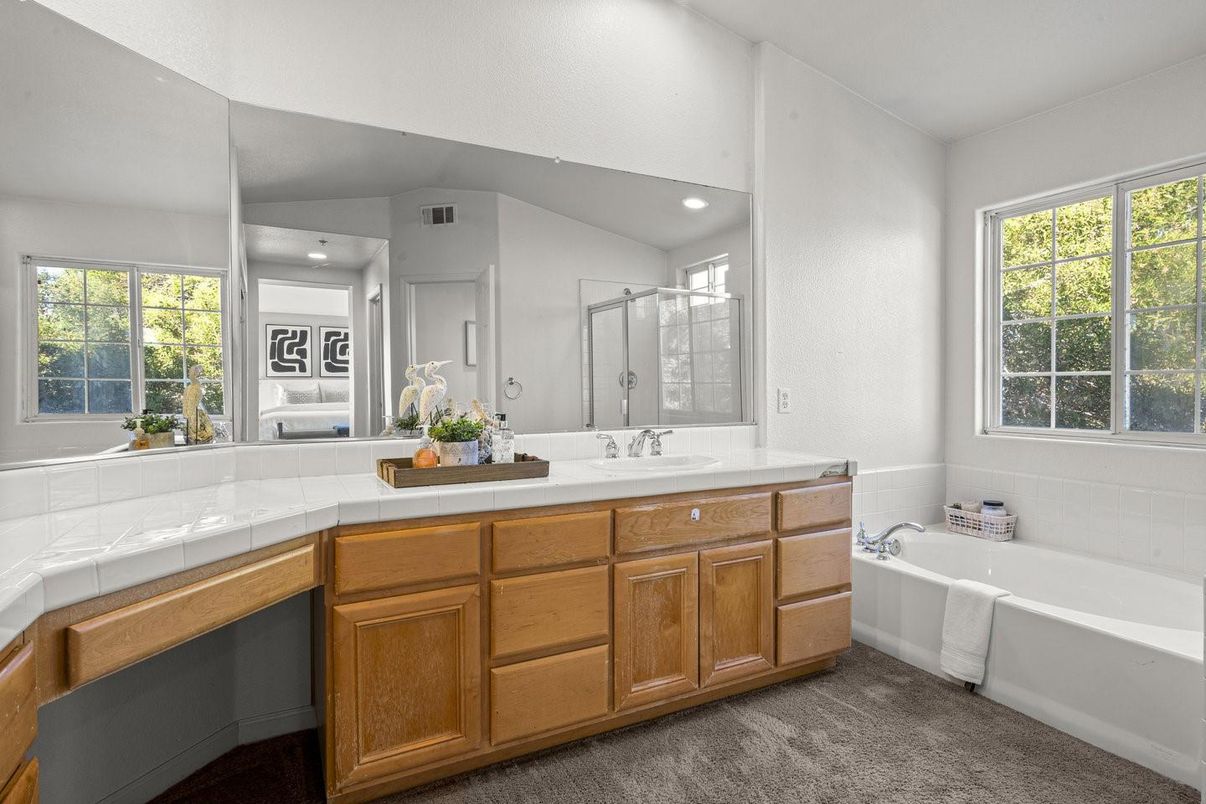 Bathroom, Dual Sink Vanities, Interior, Recessed Lighting, Tile Countertops