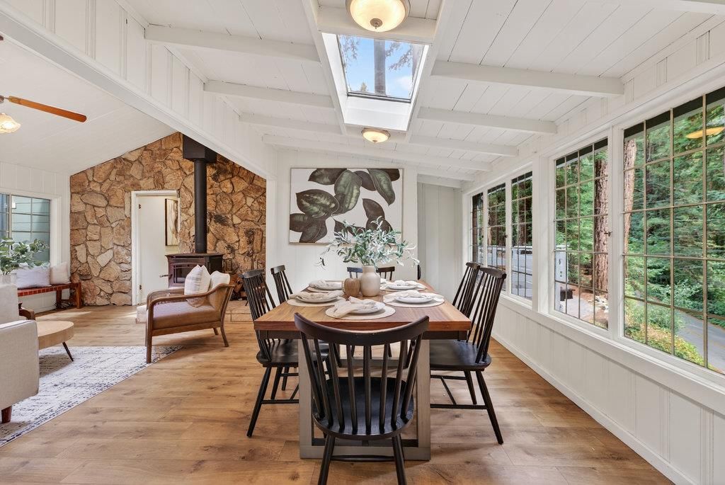 Dining room, Interior, Stone Walls, Wood Texture Flooring