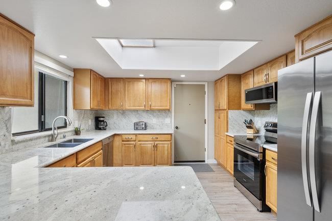 Interior, Kitchen, Recessed Lighting, Stainless Steel Appliances, Wood Texture Flooring
