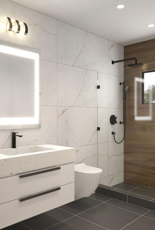 Bathroom, Interior, Marble Walls, Recessed Lighting