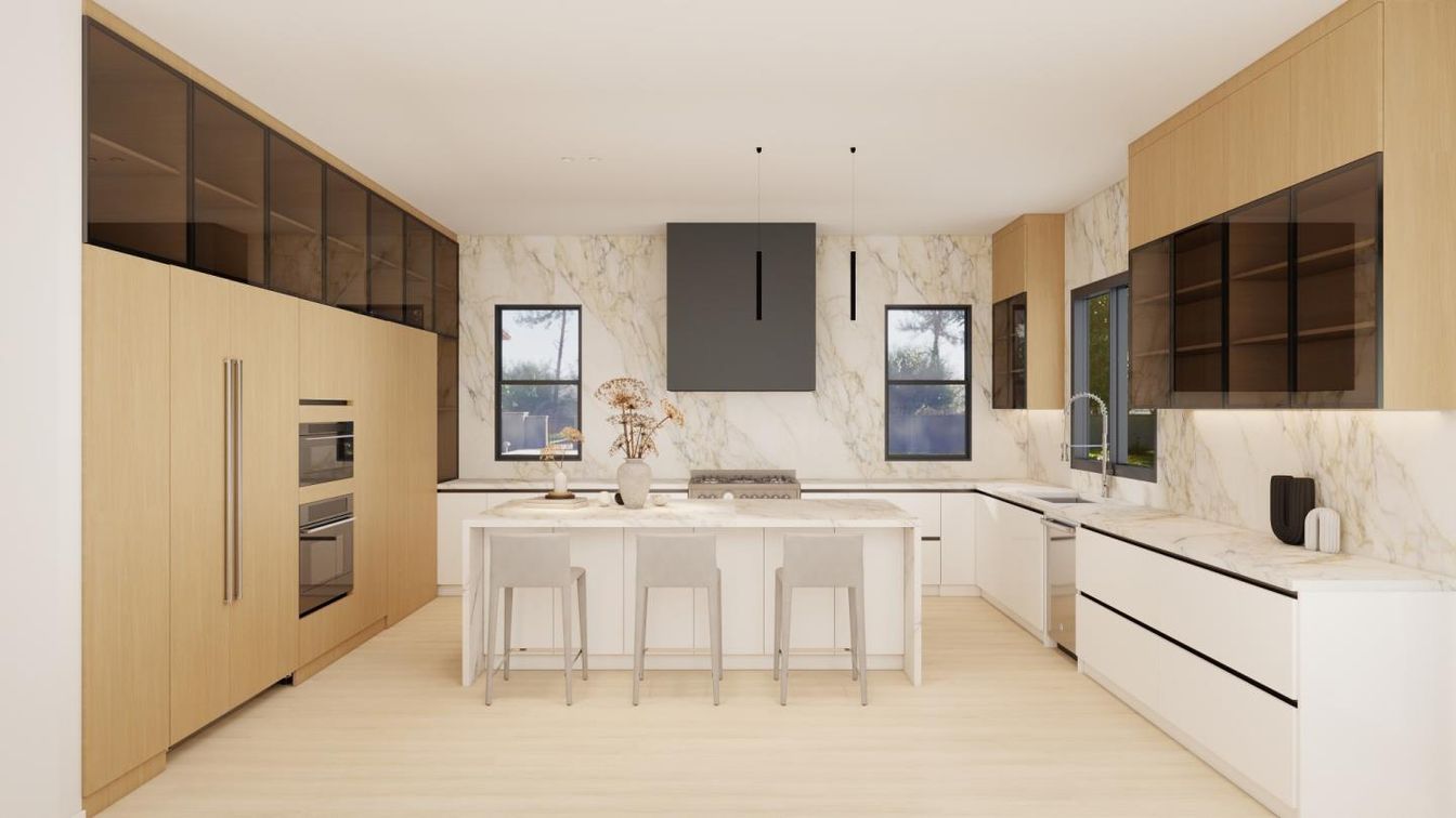 Interior, Kitchen, Marble Walls, Pendant Lights, Wood Texture Flooring