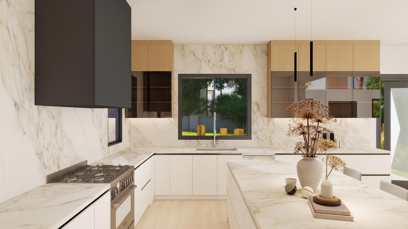 Interior, Kitchen, Marble Walls, Pendant Lights, Wood Texture Flooring