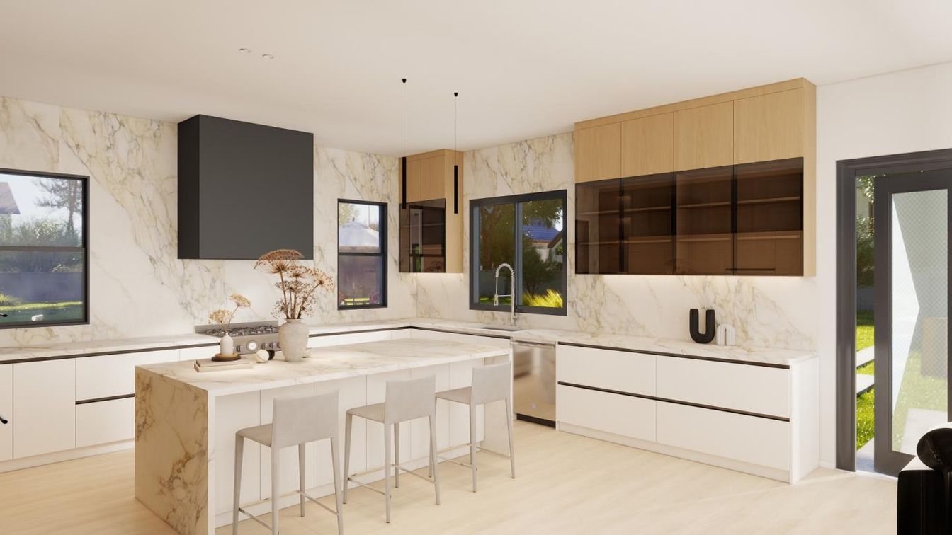 Interior, Kitchen, Marble Walls, Pendant Lights, Recessed Lighting, Stainless Steel Appliances, Wood Texture Flooring