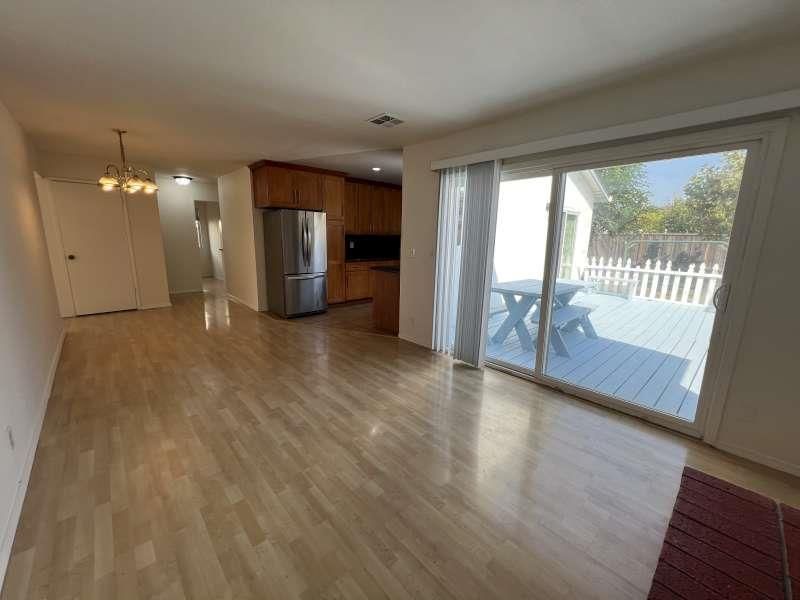 Chandelier, Empty room, Interior, Kitchen, Stainless Steel Appliances, Wood Texture Flooring