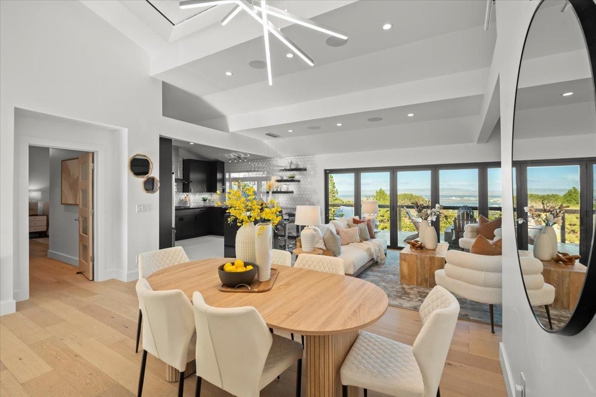 Dining room, Interior, Living room, Pendant Lights, Recessed Lighting, Water, Wood Texture Flooring