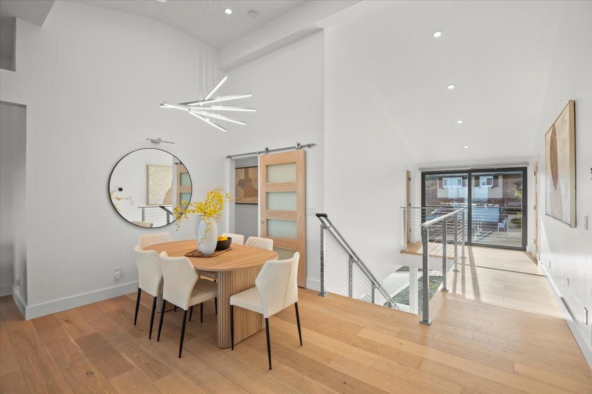 Dining room, Interior, Pendant Lights, Recessed Lighting, Wood Texture Flooring