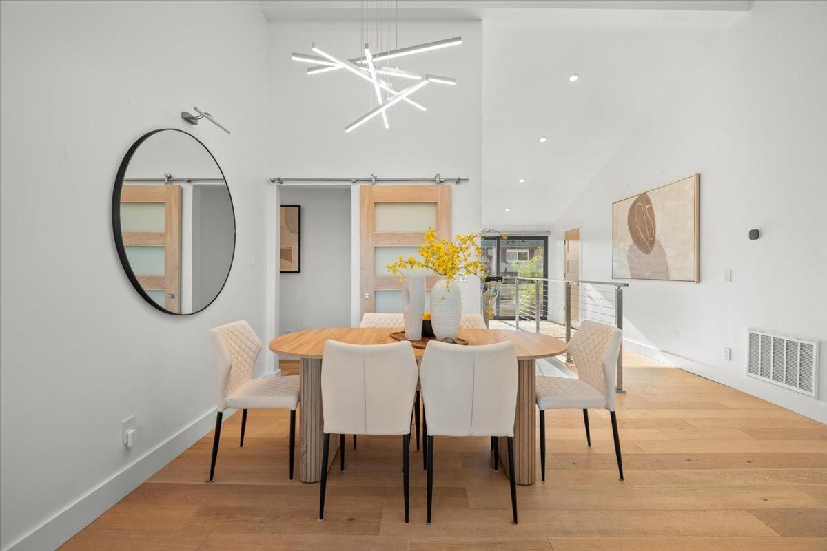 Dining room, Interior, Pendant Lights, Recessed Lighting, Wood Texture Flooring