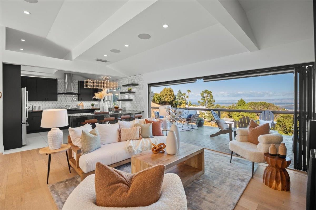 Dining room, Interior, Kitchen, Living room, Pendant Lights, Recessed Lighting, Stainless Steel Appliances, Water, Wood Texture Flooring