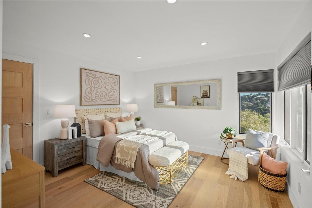 Bedroom, Interior, Recessed Lighting, Wood Texture Flooring