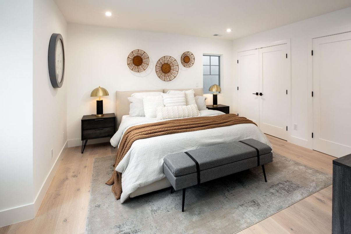 Bedroom, Interior, Recessed Lighting, Wood Texture Flooring