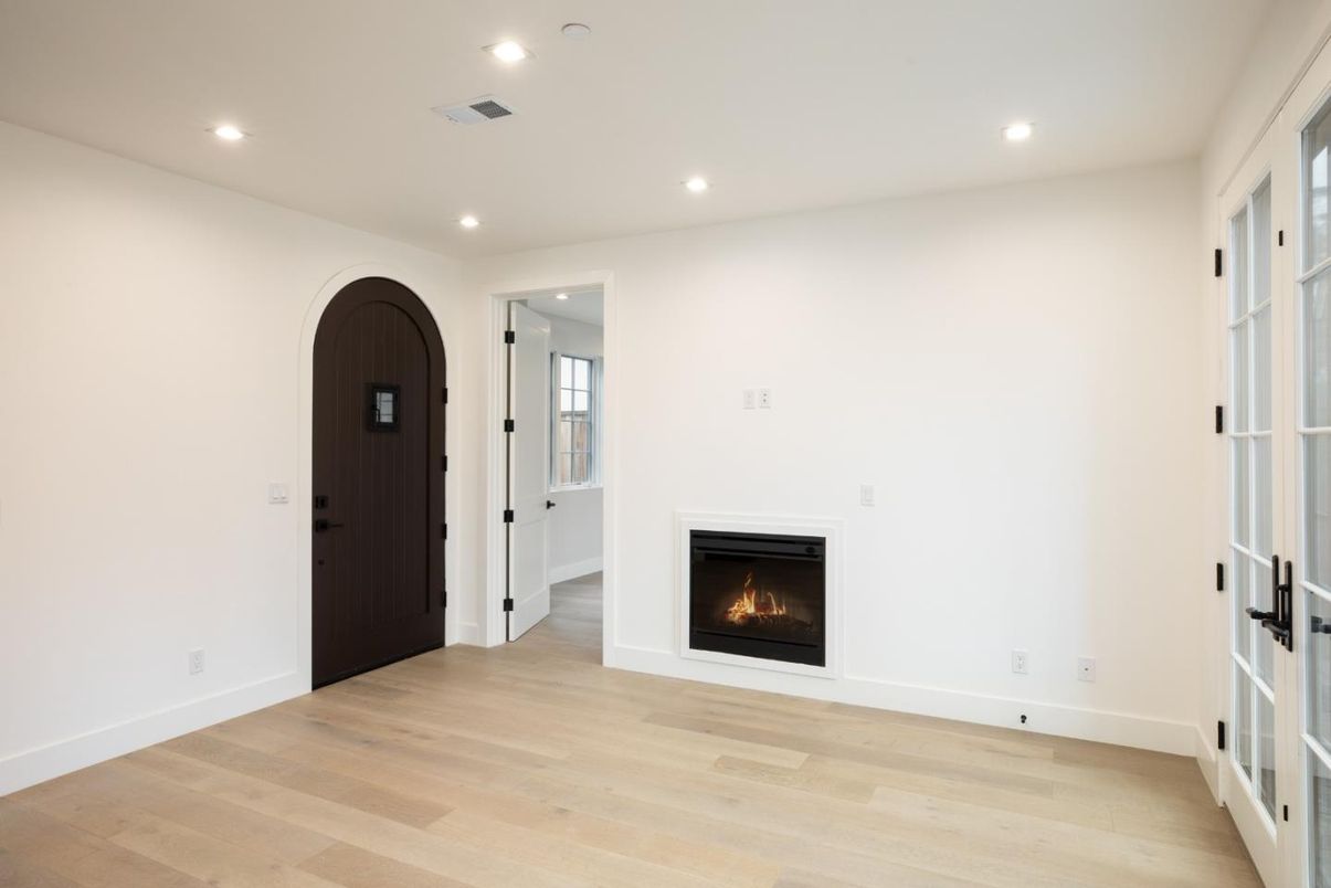 Empty room, Fireplace, Interior, Recessed Lighting, Wood Texture Flooring