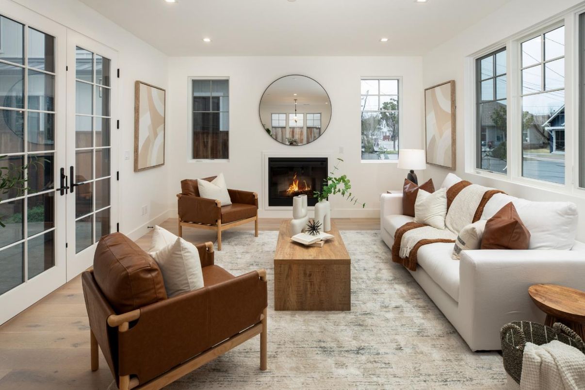 Fireplace, Interior, Living room, Recessed Lighting, Wood Texture Flooring