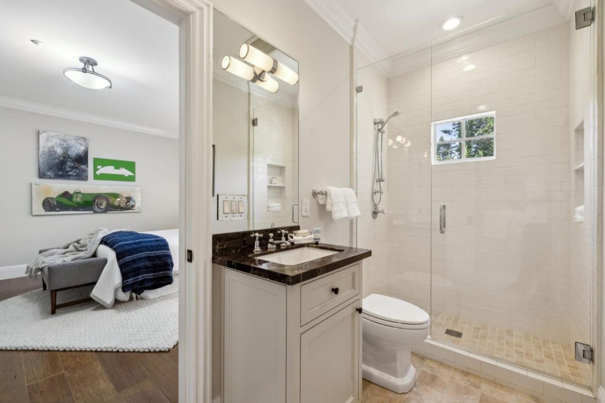 Bathroom, Glass Shower, Interior, Recessed Lighting, Wood Texture Flooring