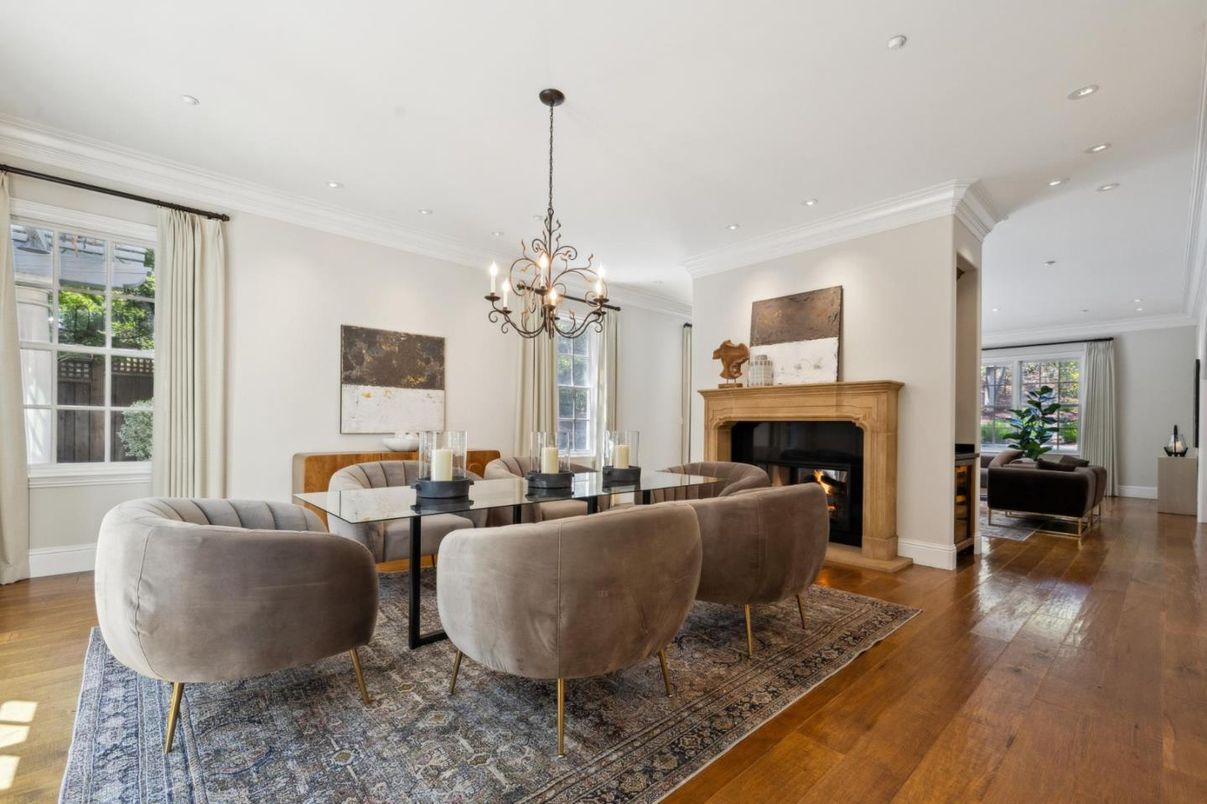 Chandelier, Dining room, Fireplace, Interior, Living room, Recessed Lighting, Wood Texture Flooring