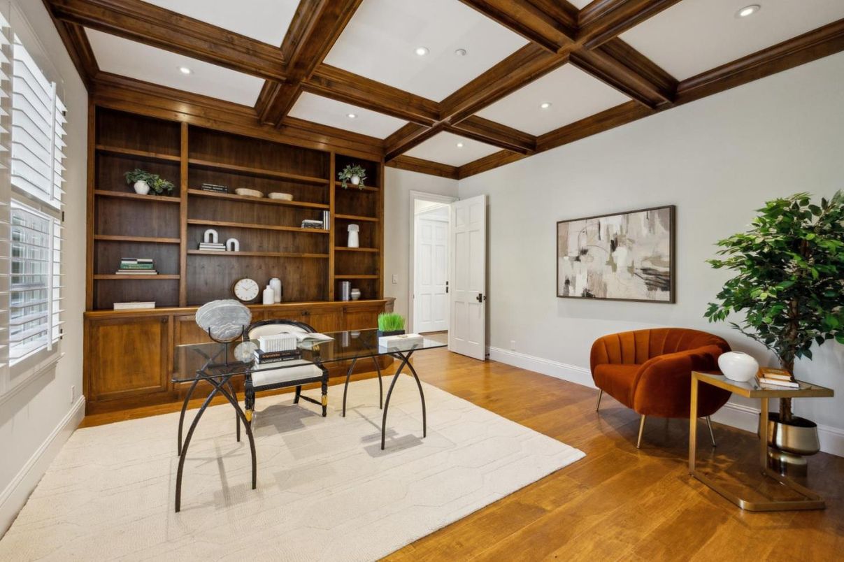 Home Office, Interior, Recessed Lighting, Wooden Beams, Wood Texture Flooring