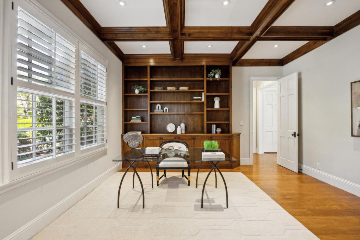 Home Office, Interior, Recessed Lighting, Wooden Beams, Wood Texture Flooring