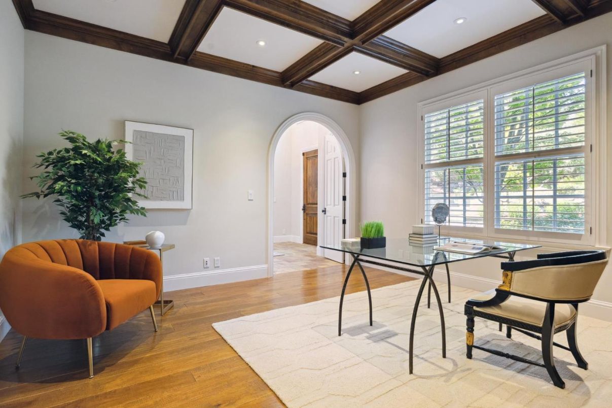 Home Office, Interior, Recessed Lighting, Wooden Beams, Wood Texture Flooring