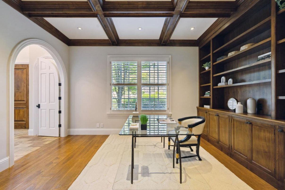 Home Office, Interior, Recessed Lighting, Wooden Beams, Wood Texture Flooring