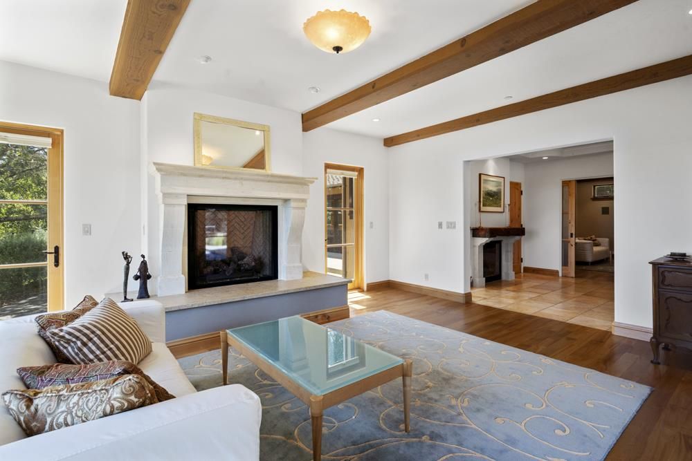 Fireplace, Interior, Living room, Recessed Lighting, Wooden Beams, Wood Texture Flooring