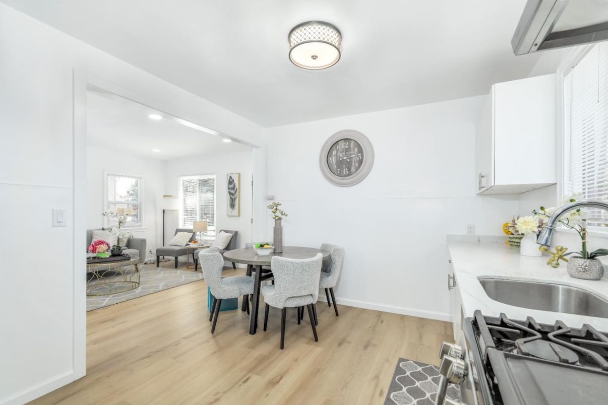 Dining room, Interior, Kitchen, Living room, Recessed Lighting, Wood Texture Flooring